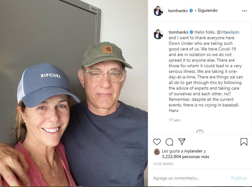 Tom Hanks y Rita Wilson anunciaron que tenían coronavirus a través de la cuenta Instagram del actor