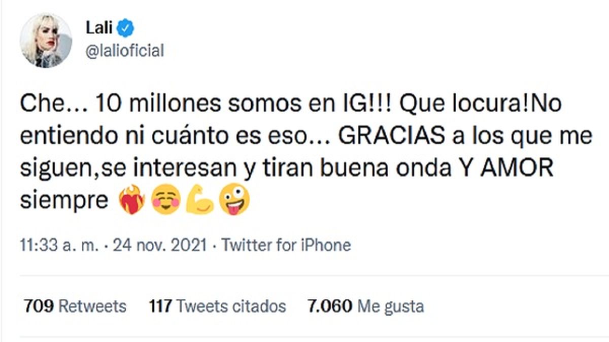 Lali Espósito alcanzó los 10 millones de seguidores en Instagram