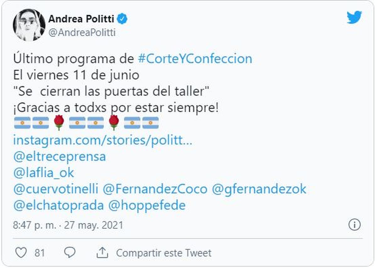 La presentadora de Corte y Confección Andrea Politti informó que se canceló el realit