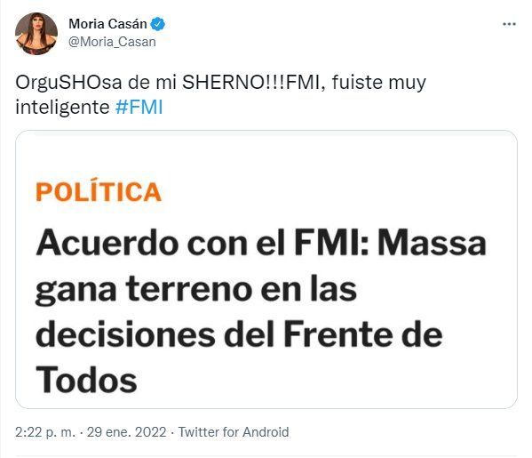 El incondicional apoyo de Moria Casán a su yerno, Sergio Massa