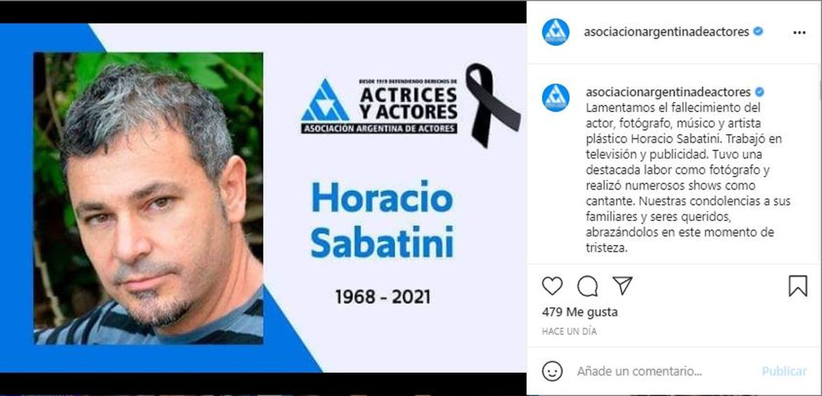 La Asociación Argentina de Actores informó del fallecimiento del actor Horacio Sabatini 