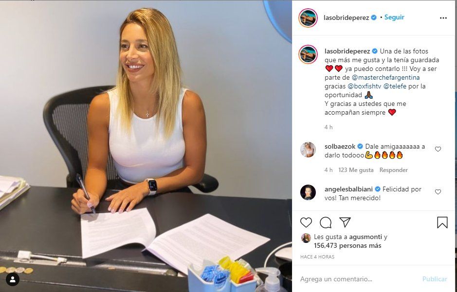 Sol Pérez compartió en su Instagram la fotografia donde se la ve firmando el contrato para participar en Masterchef Celebrity 2