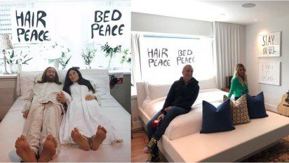 Flor Peña y Marley en la habitación en Montreal que usaron John Lennon y Yoko Ono