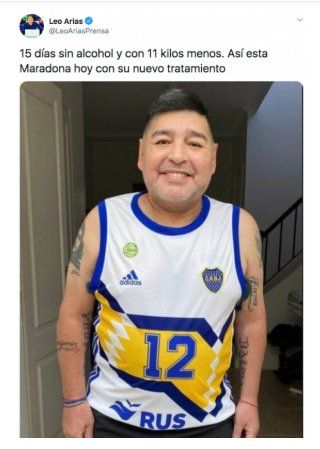 El periodista Leo Arias posteó una foto donde se ve al Diego con 15 kilos menos 