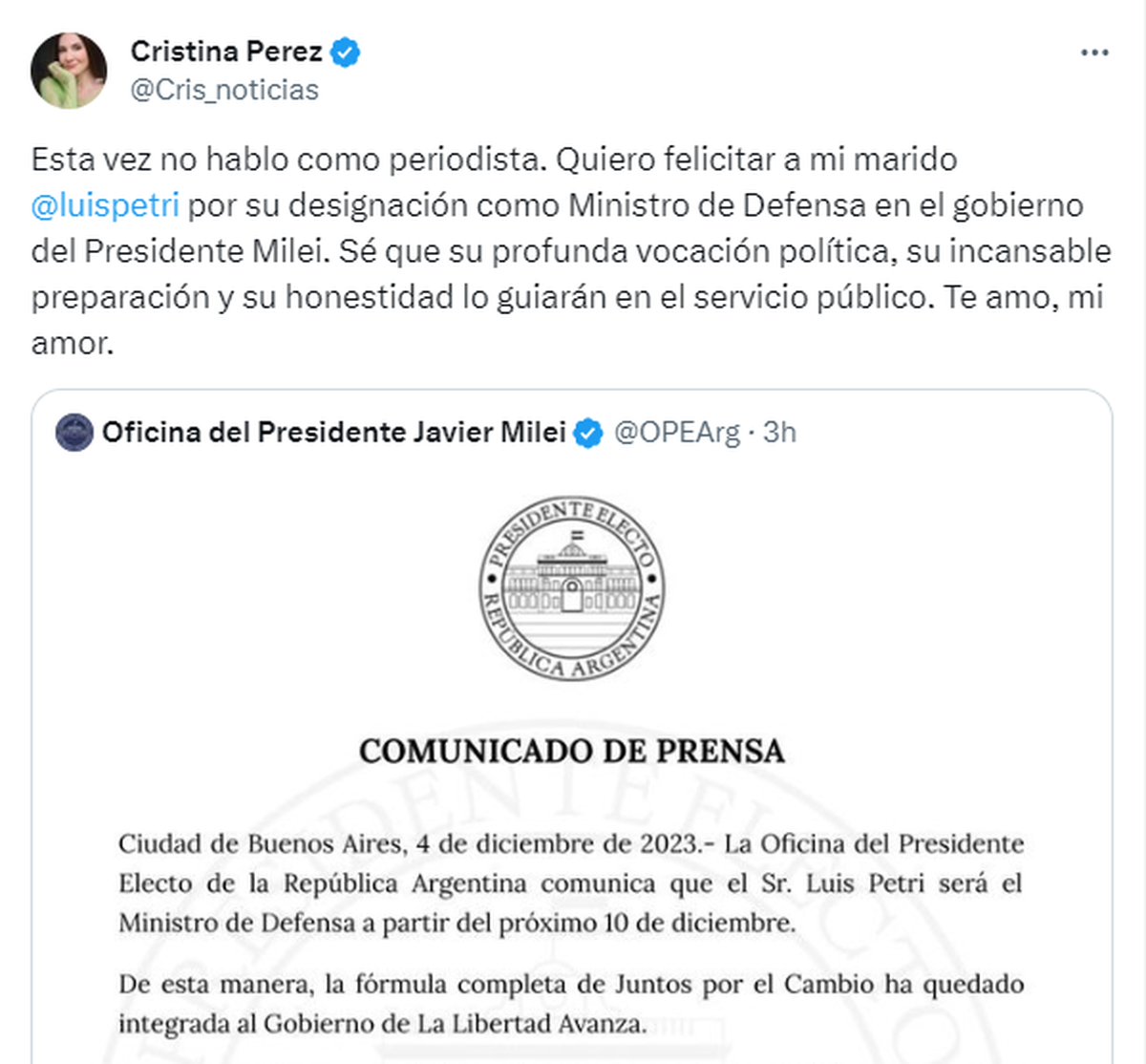 Captura del Twitter de Cristina Pérez.