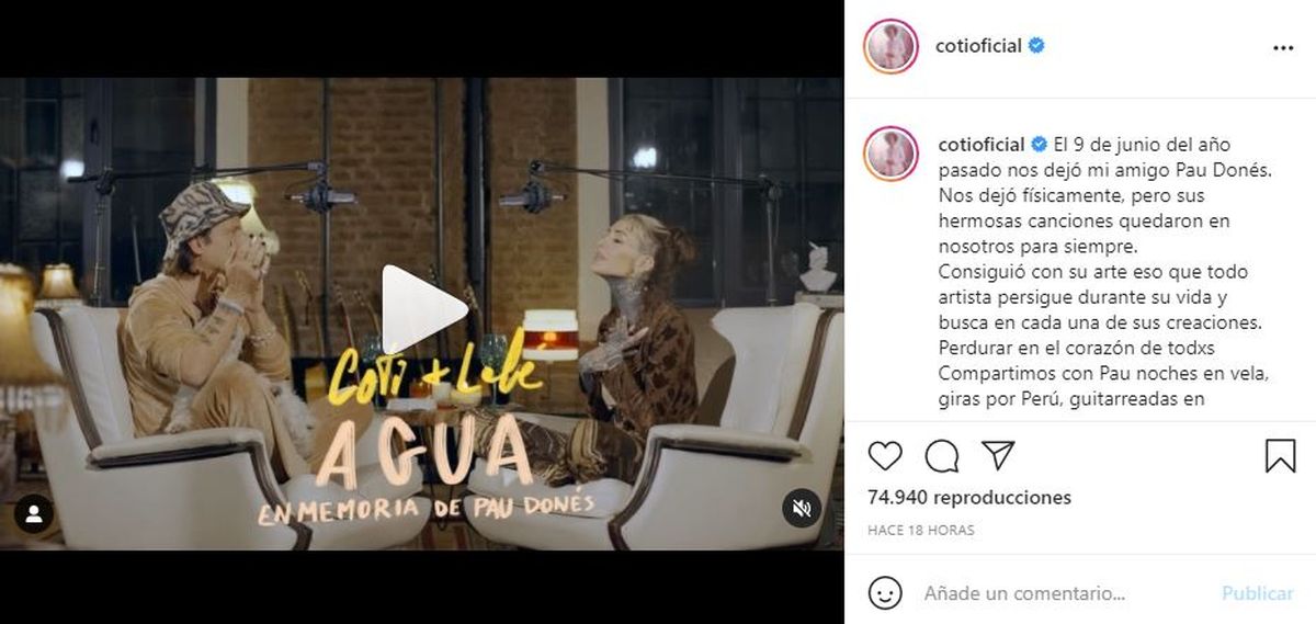 A través de sus redes sociales Coti compartió el video del tema que cantó junto a Cande Tinelli para recordar a Pau Donés