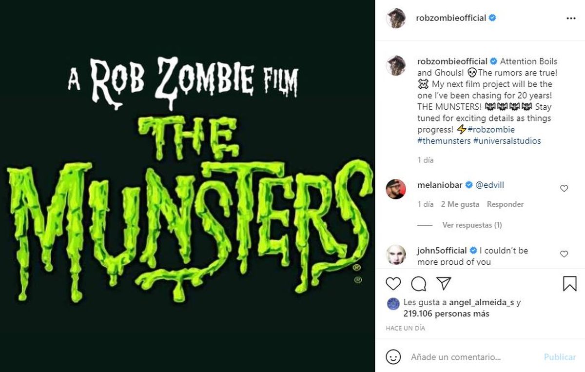 A través de este posteo el director Rob Zombie confirmó que trabaja en el remake de la familia Munsters 