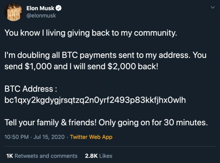 En las cuentas Twitter de Bill Gates t Elon Musk se prometía que al transferir 1.000 dólares te devolverían $2.000