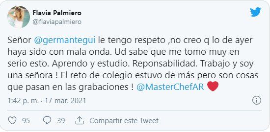 Este es el tuit que Flavia Palmiero le dedicó a Martitegui