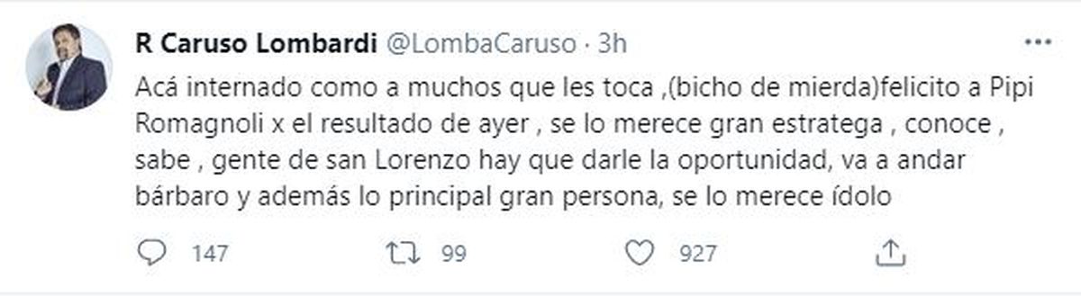 Este es el tuit donde Caruso Lombardi confirmó que está internado